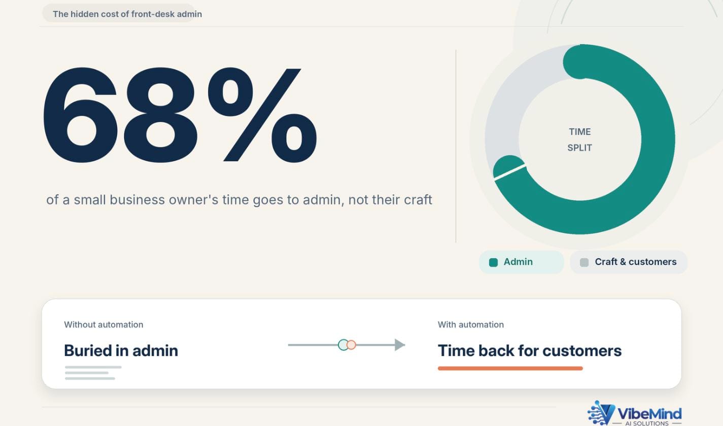 Statistic graphic showing that about 68% of a small business owner's time goes to admin rather than their craft, with a donut chart splitting time between admin and craft-and-customers, and a before-and-after arrow from "Buried in admin" to "Time back for customers" with automation.