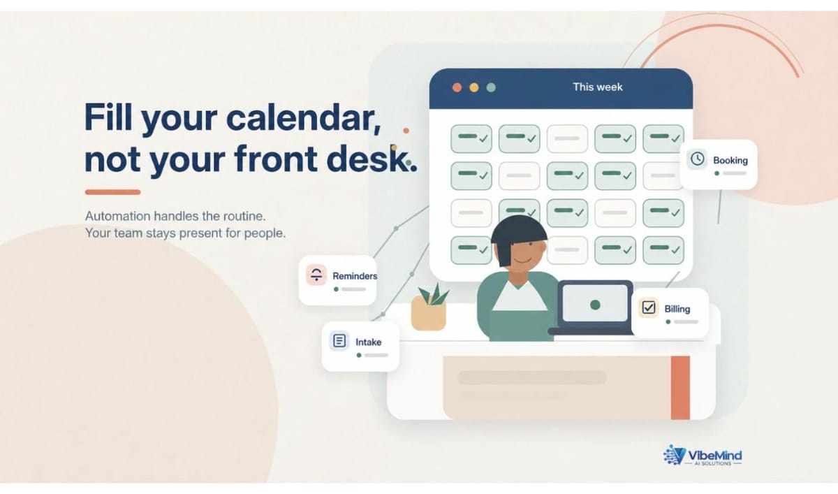 Illustrated cover: a calm front-desk worker beside an automated weekly calendar filling with booked slots, under the headline "Fill your calendar, not your front desk."