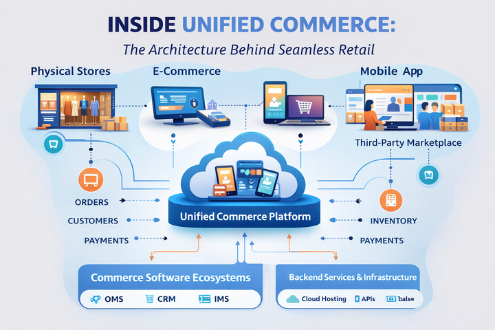 Unified commerce architecture flowchart connecting retail channels and backend systems