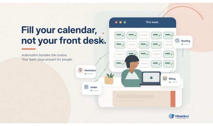 Illustrated cover: a calm front-desk worker beside an automated weekly calendar filling with booked slots, under the headline "Fill your calendar, not your front desk."