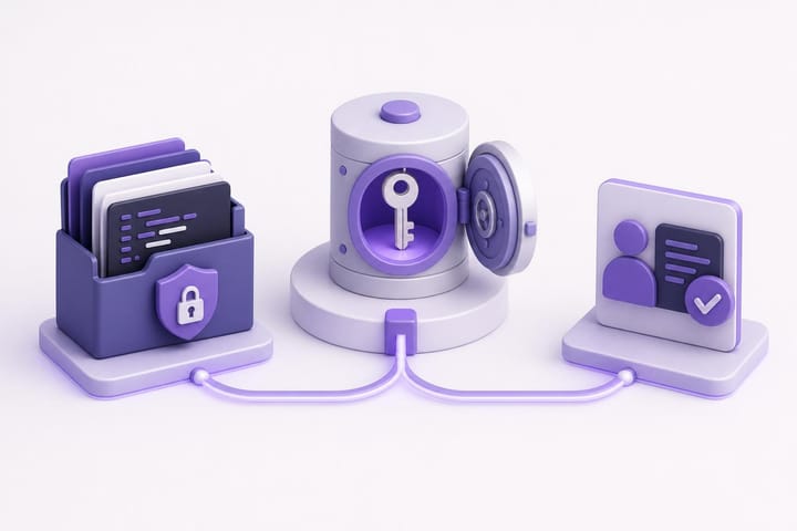 Soft-3D illustration of a protected code repository and key vault behind a human review gate